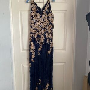 Xscape Navy and Gold Floral Maxi Dress